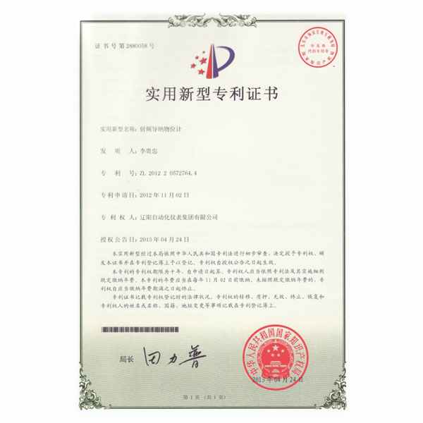 射頻導(dǎo)納物位計實用新型專利證書